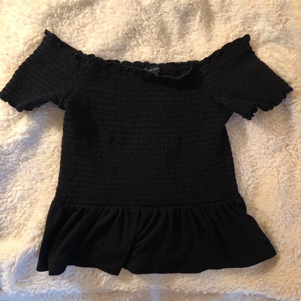 AE Black Smocked Off the Shoulder Top